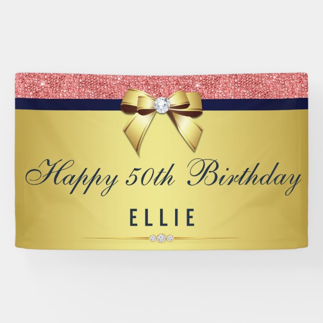 Any Age Birthday Coral Sequins Gold Diamond Bow Banner (Horizontal)