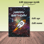 Any age birthday custom name orange rocket card<br><div class="desc">This exciting birthday card can be customized for any age, just type in the boxes to add the name and age you require on the body and tip of the rocket. Inside, the message can also be customized: "BLAST OFF for a birthday adventure". The star-filled background on the front is...</div>
