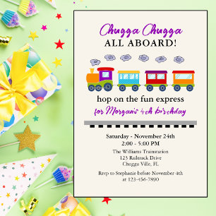 Any Age Birthday Cute Colourful Train  Invitation