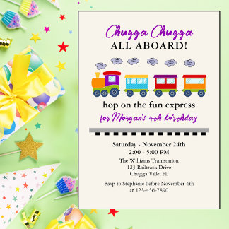 Any Age Birthday Cute Colourful Train Invitation