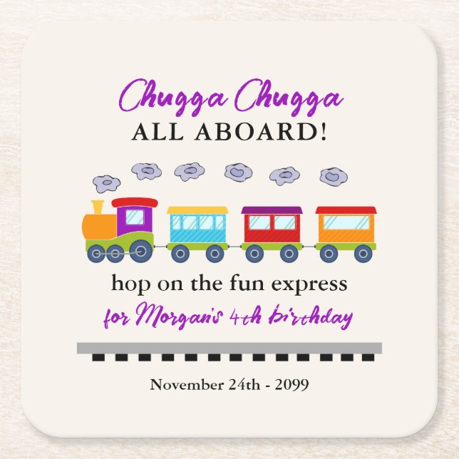Any Age Birthday Cute Colourful Train  Square Paper Coaster (Front)