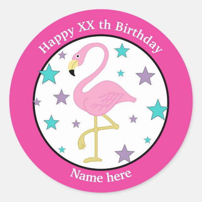 Any Age Birthday Flamingo Personalized Classic Round Sticker (Front)