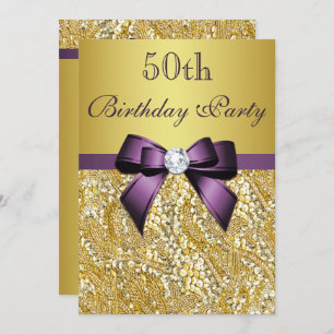 Any Age Birthday Gold Faux Sequins Purple Bow Invitation