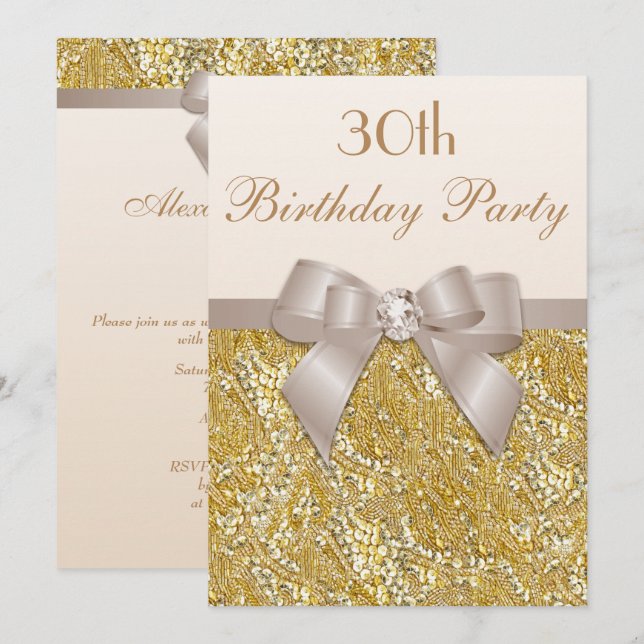 Any Age Birthday Gold Glitter Diamond Bow Invitation (Front/Back)