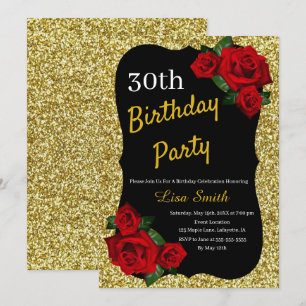 Any Age Birthday Gold Glitter Red Roses Invitation