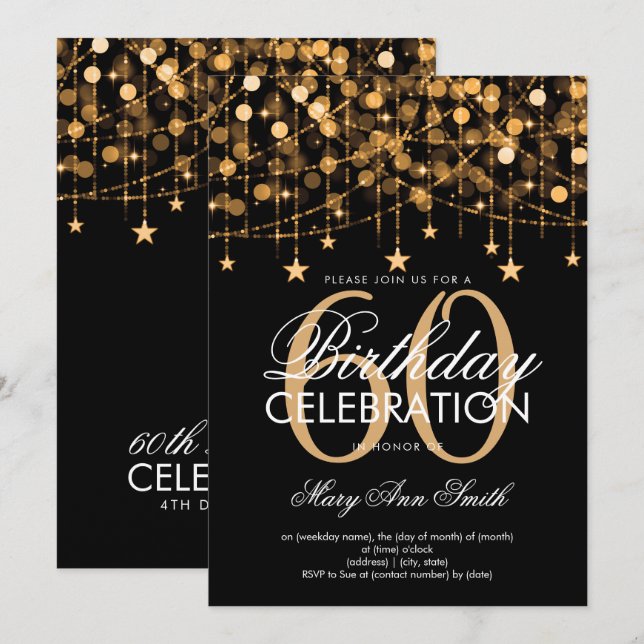 Any Age Birthday Gold String Lights & Stars Invitation (Front/Back)