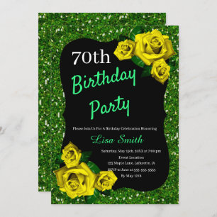 Any Age Birthday Green Glitter Yellow Roses Invitation
