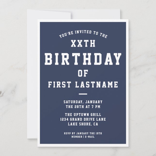 ANY AGE Birthday Invitation | Navy Blue (Front)
