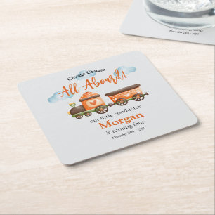 Any Age Birthday Lovely Train Watercolor Party   Square Paper Coaster