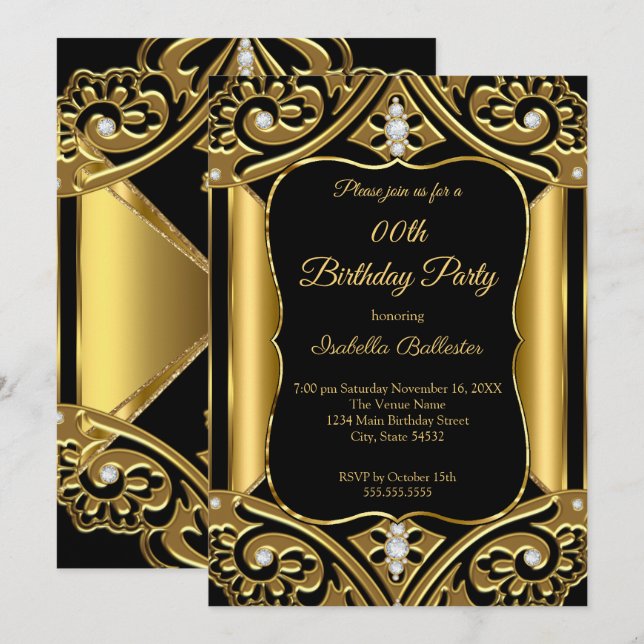 Any Age Birthday Party Black Gold Diamond image Invitation (Front/Back)