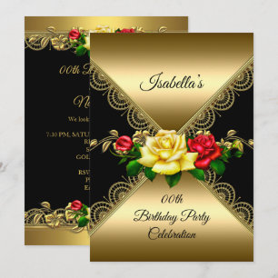 Any age Birthday Party Black Gold red yellow Roses Invitation