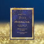 Any age birthday party blue gold invitation postcard<br><div class="desc">On front: A trendy, modern 50th or any age birthday party invitation card for men. A dark blue, navy blue background. The blue colour is uneven. With a faux gold frame and golden confetti, golden coloured letters. Templates for a name, age and your party information. Back: white background. Tip: If...</div>