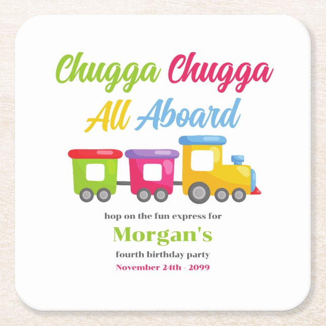 Any Age Birthday Party Chugga Choo Colourful Train Square Paper Coaster (Front)