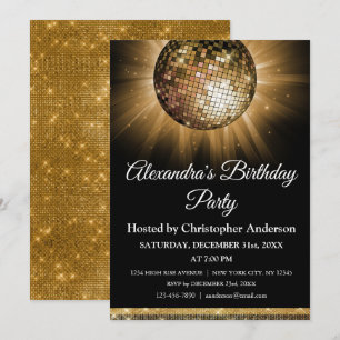 Any Age Birthday Party Gold Sparkle Disco Ball Invitation