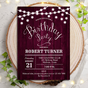 Any Age Birthday Party - Rustic Burgundy Wood Invitation