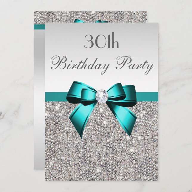 Any Age Birthday Party Silver Sequin Deep Teal Bow Invitation (Front/Back)