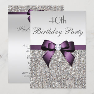 Any Age Birthday Party Silver Sequin Purple Bow Invitation