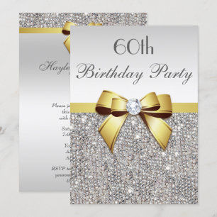 Any Age Birthday Party Silver Sequins Gold Bow Invitation
