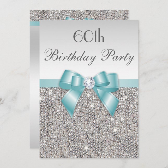 Any Age Birthday Party Silver Sequins Teal Bow Invitation (Front/Back)