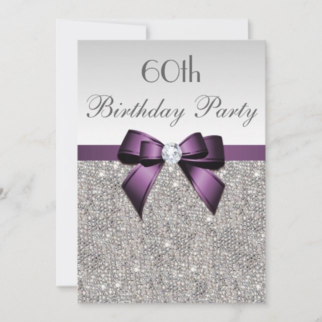 Any Age Birthday Party Silver Sequins Violet Bow Invitation (Front)
