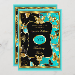 Any age Birthday Party Teal Blue Gold Butterfly Invitation