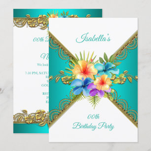 Any age Birthday Party teal blue gold white Floral Invitation