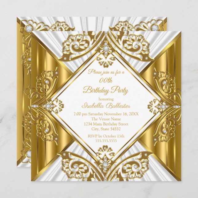 Any Age Birthday Party white Gold Diamond  Invitation (Front/Back)