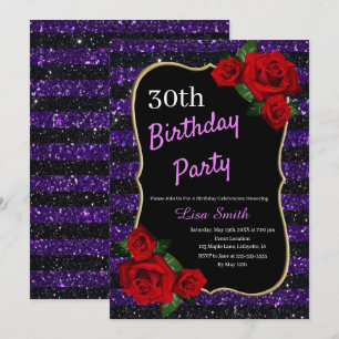 Any Age Birthday Purple And Black Glitter Red Rose Invitation
