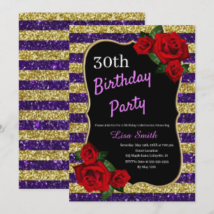 Any Age Birthday Purple And Gold Glitter Red Roses Invitation