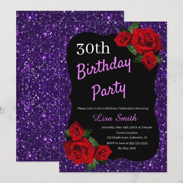 Any Age Birthday Purple Glitter Red Roses Invitation (Front/Back)