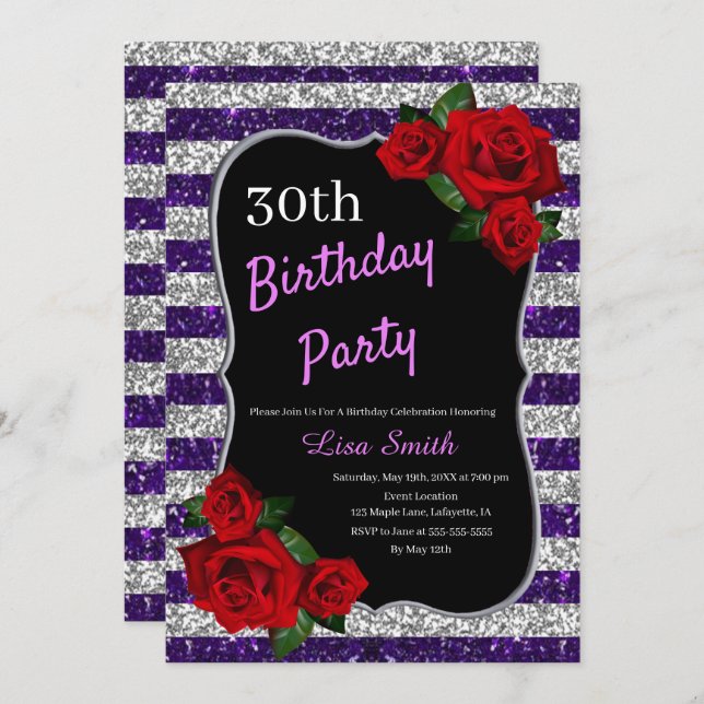 Any Age Birthday Purple Silver Glitter Red Roses Invitation (Front/Back)