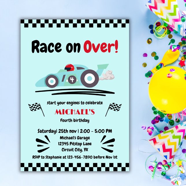 Any Age Birthday Race on Over Blue Race Car Invitation (Creator Uploaded)