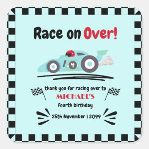 Any Age Birthday Race on Over Blue Race Car Square Sticker