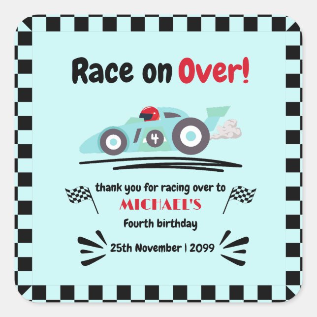 Any Age Birthday Race on Over Blue Race Car Square Sticker (Front)