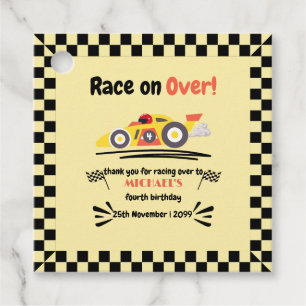 Any Age Birthday Race on Over Yellow Race Car Favour Tags
