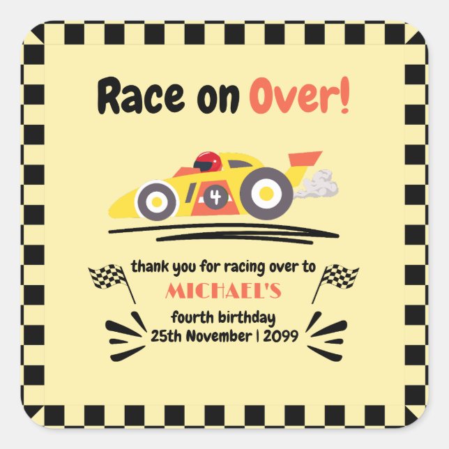 Any Age Birthday Race on Over Yellow Race Car Square Sticker (Front)