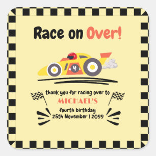 Any Age Birthday Race on Over Yellow Race Car Square Sticker