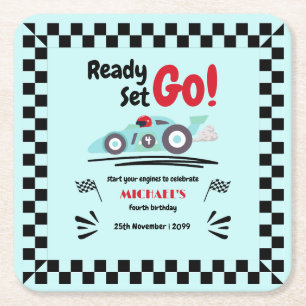 Any Age Birthday Ready Set Go Blue Race Car Square Paper Coaster