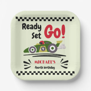 Any Age Birthday Ready Set Go Green Race Car Paper Plate