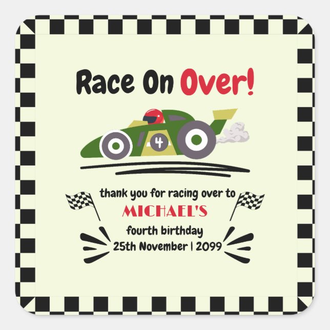 Any Age Birthday Ready Set Go Green Race Car Square Sticker (Front)