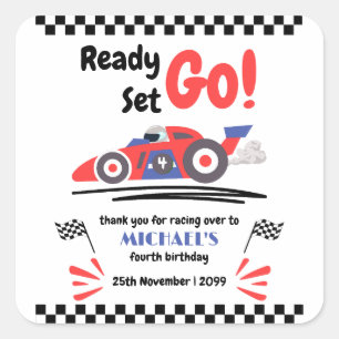 Any Age Birthday Ready Set Go Red Blue Race Car Square Sticker