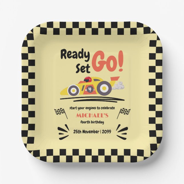 Any Age Birthday Ready Set Go Yellow Race Car Paper Plate (Front)