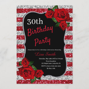 Any Age Birthday Red And Silver Glitter Red Roses Invitation