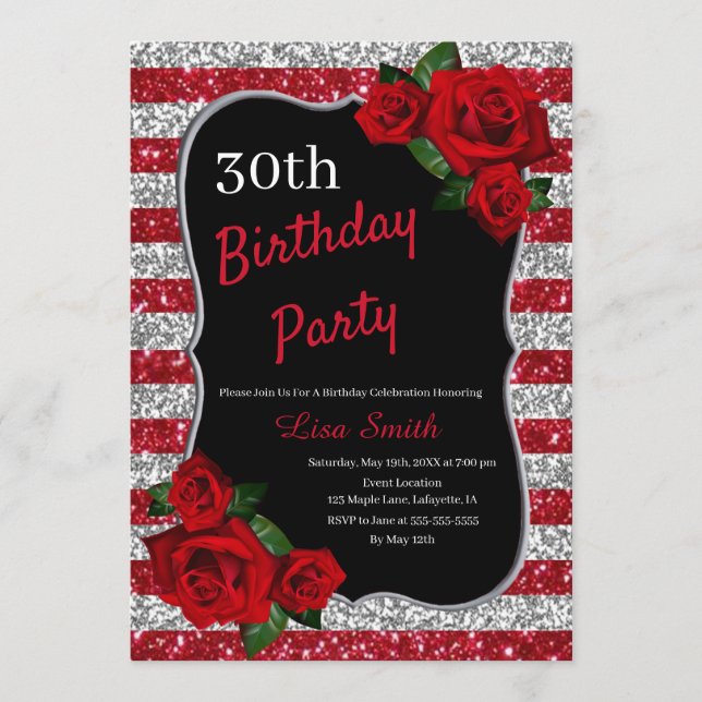 Any Age Birthday Red And Silver Glitter Red Roses Invitation (Front)