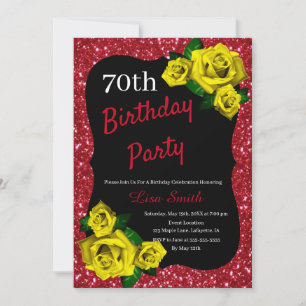 Any Age Birthday Red Glitter Yellow Roses Invitation