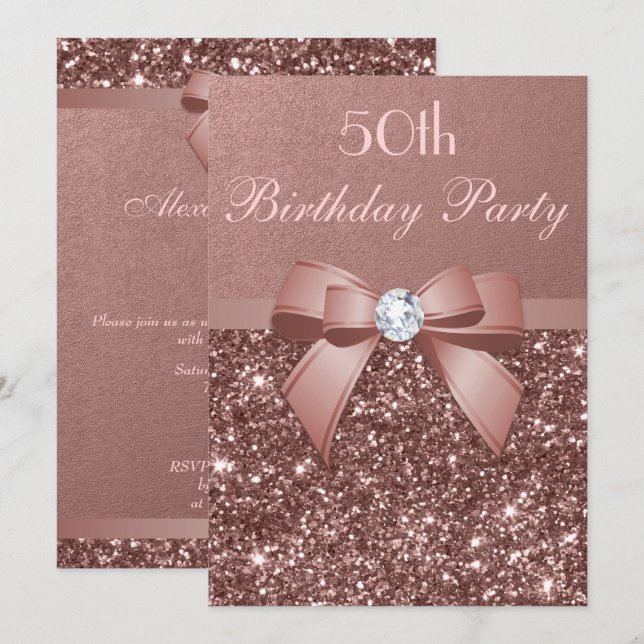 Any Age Birthday Rose Gold Glitter Diamond Bow Invitation (Front/Back)