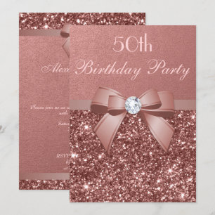 Any Age Birthday Rose Gold Glitter Diamond Bow Invitation