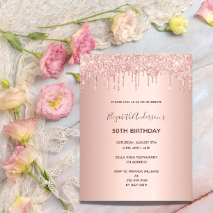 Any age birthday rose gold glitter drip invitation postcard