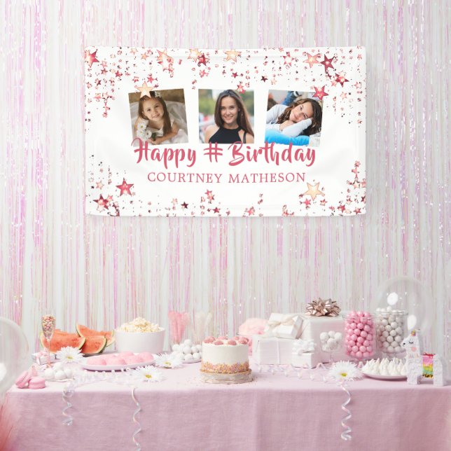 Any Age Birthday Rose Gold Stars 3 Photos  Banner (Party)