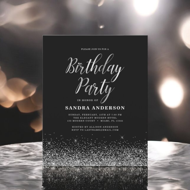 Any Age Birthday Silver Black Modern Glitter Flyer (Creator Uploaded)